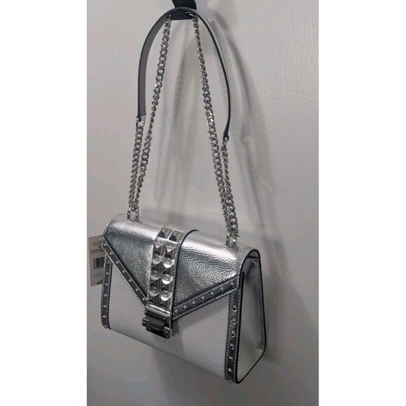 Michael Kors Studded Whitney Bag - Silver, White, Leather,Adjustable Chain Strap - Picture 13 of 14